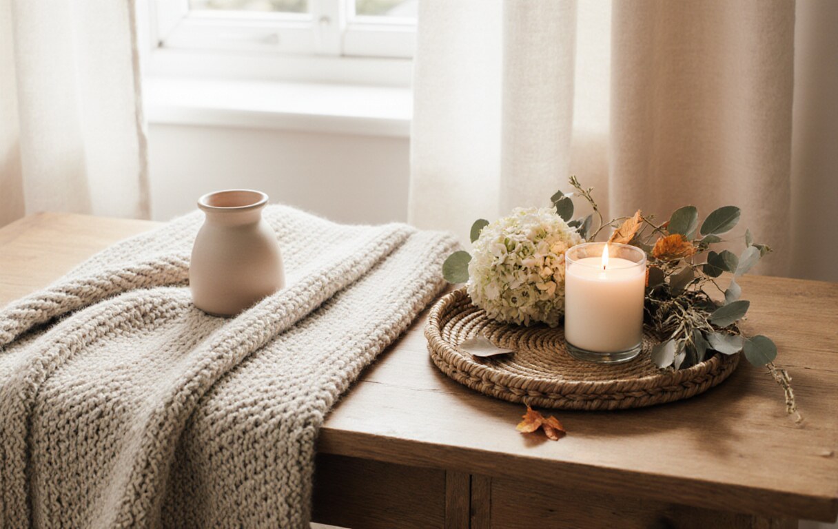 Autumn home styling vignette with a neutral knit throw, candle and dried seasonal florals