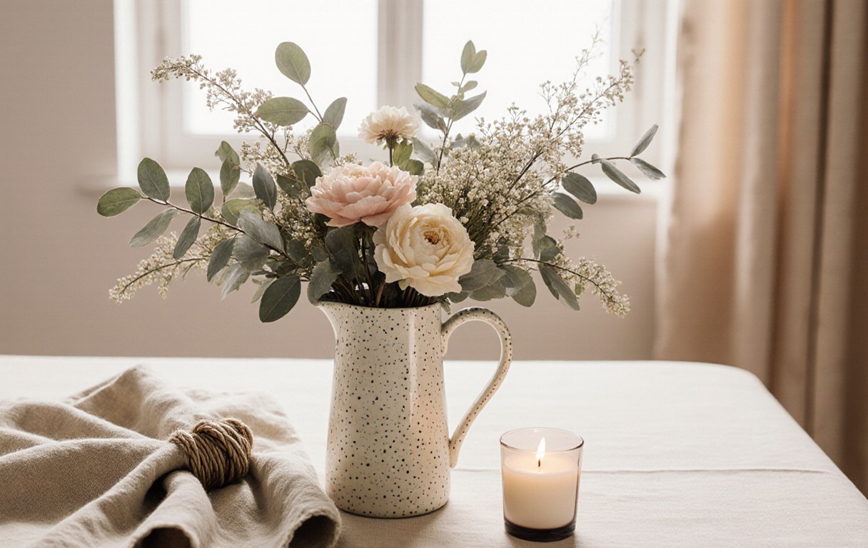 Cream ceramic jug arranged with faux florals, eucalyptus and soft dried stems
