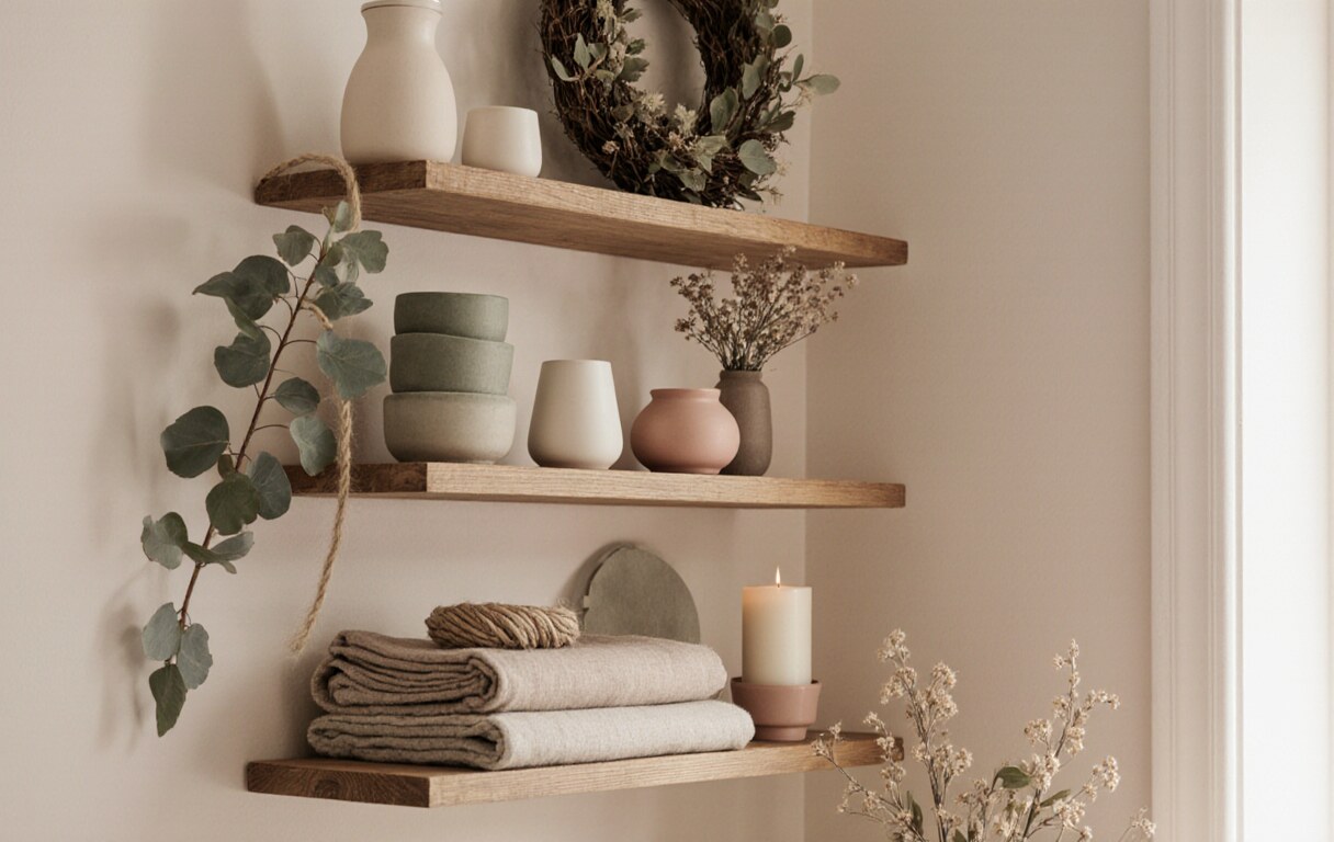 Seasonal home collection styled on open shelving with ceramics, folded textiles and greenery