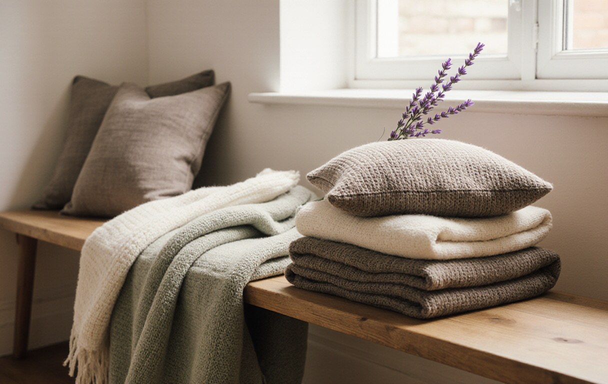 Folded neutral knit throws and linen cushions in taupe, cream and muted sage